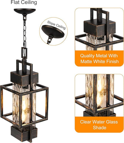 15" Outdoor Indoor Pendant Light Exterior Hanging Lantern, Modern Black Metal Outside Chandelier Light Fixture Ceiling Mount with Water Glass for Front Porch Entrance Foyer Entryway, Black Brush Gold