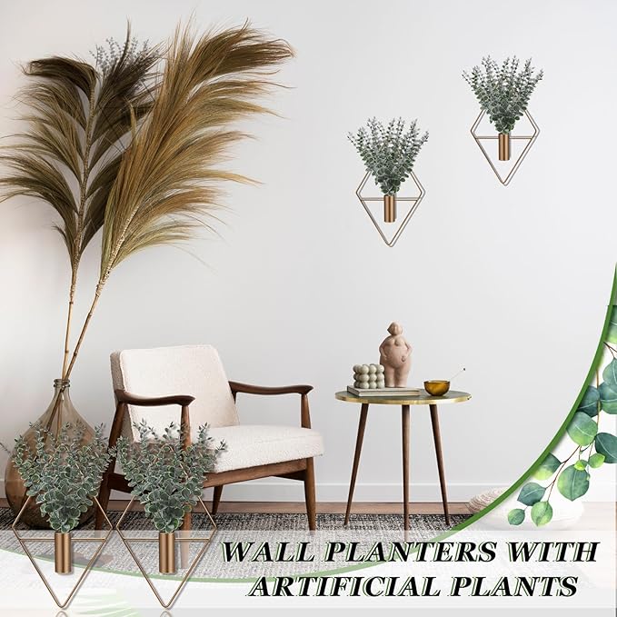 Jexine Hanging Planters with Artificial Eucalyptus Metal Hanging Vase Indoor Plants Holder Modern Geometric Boho Bathroom Wall Decor for Living Room Home Office (Bronze,8 Pcs)
