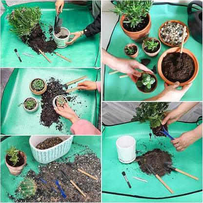 Plant Repotting Mat for Garden, 2 Pcs Waterproof Potting Mat Foldable Indoor Plant Mats Portable Square Gardening Mat Potting Tray with 6 Pcs Mini Garden Tools Set for Plant Lovers Gardening Gifts