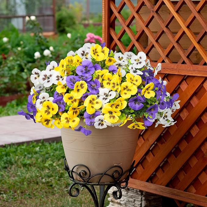 18 Bundles Artificial Flowers for Outdoor, UV Resistant Fake Pansy Flowers, Silk Faux Fowers for Outdoor Planters Home Garden Office Patio Front (Yellow/Purple/White)