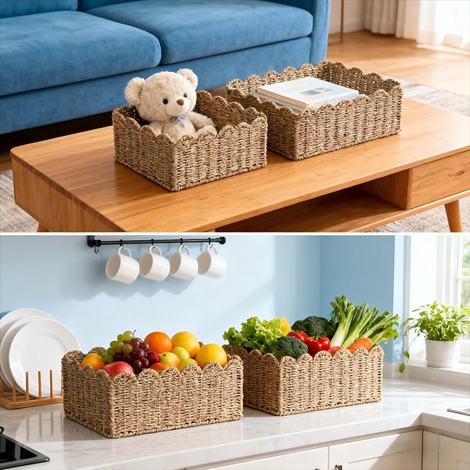 Scalloped Basket, Wicker Storage Baskets, Hand Woven Baskets for Shelves,Natural Baskets for Organizing (M-14" L x 10.5" W x 6" H-Seagrass)