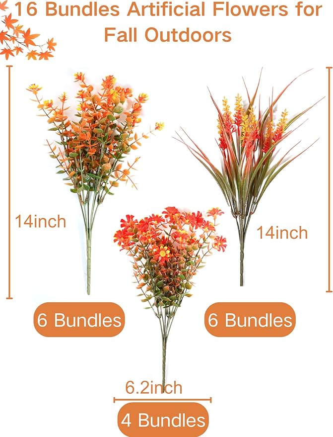 16 Bundles Artificial Flowers for Fall Outdoors Decoration - Fake Mums Faux Daisy Artificial Plants Plastic Lavender Shrubs Flower No Fade for Harvest Halloween Thanks Giving Day Decor