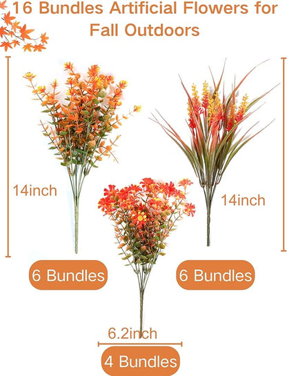 16 Bundles Artificial Flowers for Fall Outdoors Decoration - Fake Mums Faux Daisy Artificial Plants Plastic Lavender Shrubs Flower No Fade for Harvest Halloween Thanks Giving Day Decor