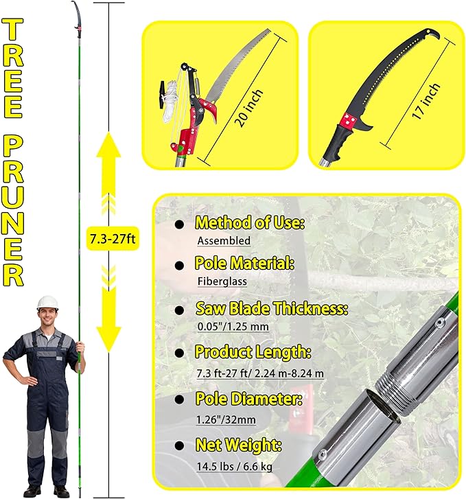 Manual Pole Saw, 7.3-27 ft Extendable Tree Pruner, Sharp Steel Blade & Scissors for High Branches Trimming, Lightweight 8 Fiberglass Handles, Ideal for Backyard/Garden Palm & Shrub Pruning