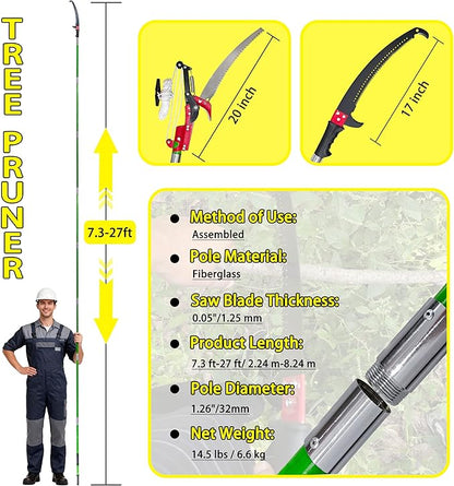 Manual Pole Saw, 7.3-27 ft Extendable Tree Pruner, Sharp Steel Blade & Scissors for High Branches Trimming, Lightweight 8 Fiberglass Handles, Ideal for Backyard/Garden Palm & Shrub Pruning