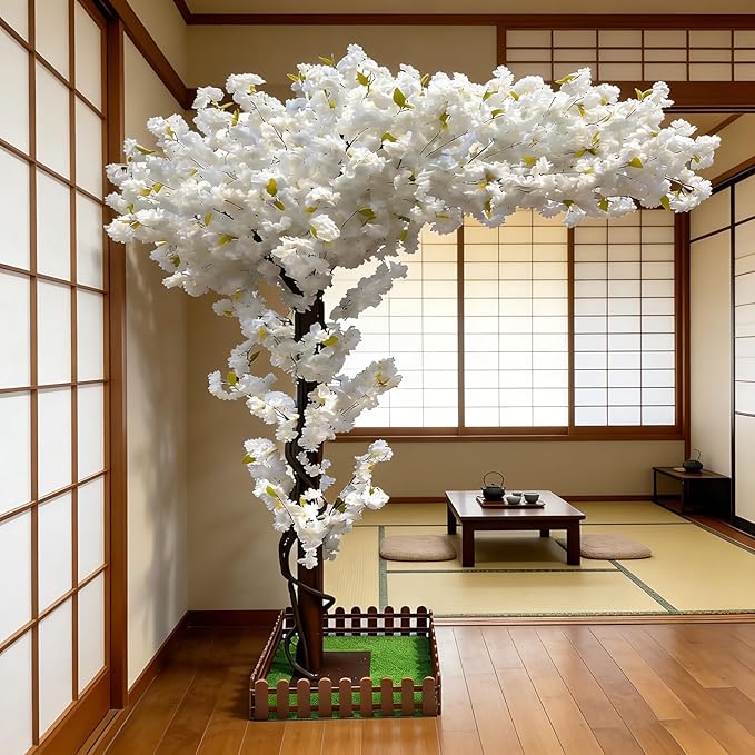 Artificial Cherry Blossom Tree 5.9Ft, White Silk Flowers with Solid Wood Trunk for Home & Garden Decor