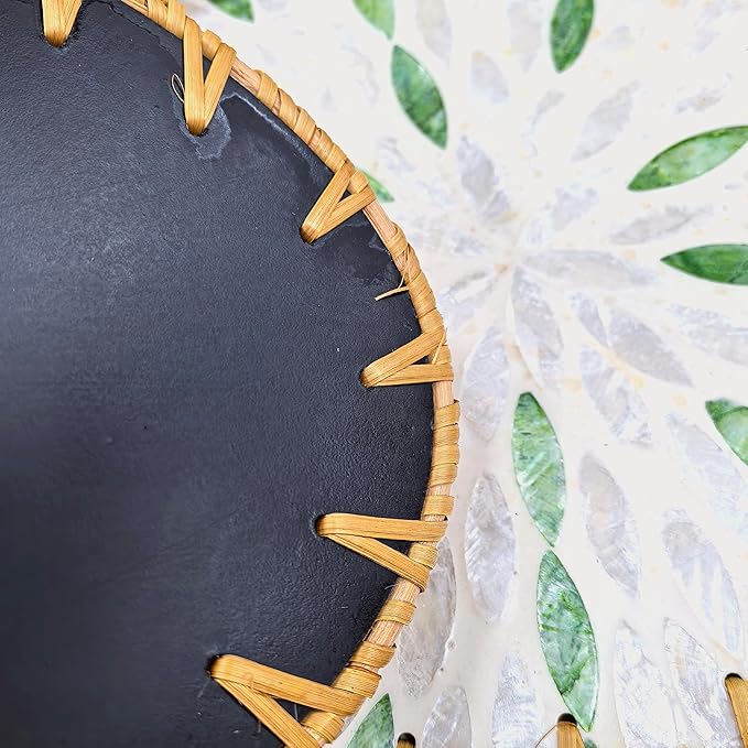 i-lan Set of 3 Oval Rattan Serving Trays with Mother of Pearl Inlay, 13" 12" 11" Woven Platters for Home Decor, Coffee Table, Vanity & Display