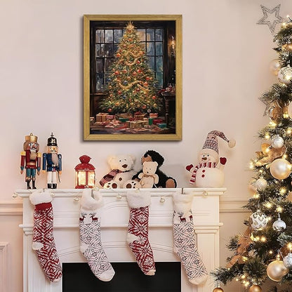 Christmas Canvas Wall Art, Vintage Christmas Tree Decor, Living Room Pine Tree Decorations, Winter Cottagecore, Decor for Bedroom Bathroom Xmas Holiday Decorations Gifts 16x24 Inch Wood Framed