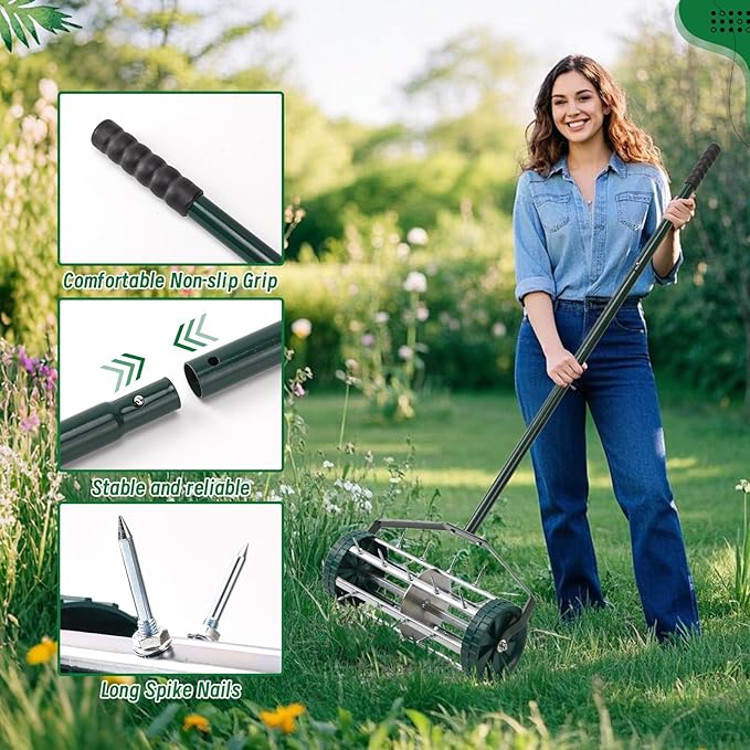 18-Inch Spike Rolling Lawn Aerator for Grass. Heavy Duty Manual Push Aerator Lawn Tool,Soil Health for Garden&Yard Tool(Green)