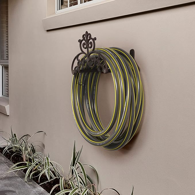 MyGift Cast Iron Garden Hose Holder, Heavy Duty Wall Mounted Water Hose Holder Reels, Garden Hose Hanger with Vintage Scrollwork Design for Outside