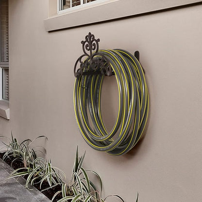 MyGift Cast Iron Garden Hose Holder, Heavy Duty Wall Mounted Water Hose Holder Reels, Garden Hose Hanger with Vintage Scrollwork Design for Outside