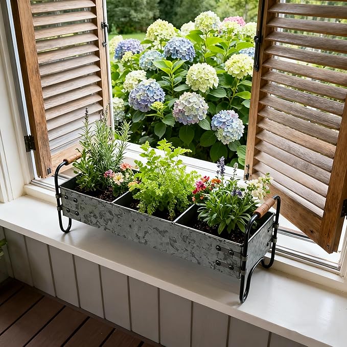 Rustic Galvanized Metal 3-Compartment Planter with Wood Handles, Vintage Style Succulent Herb Flower Pot for Indoor Outdoor Garden, Kitchen, Windowsill Decor
