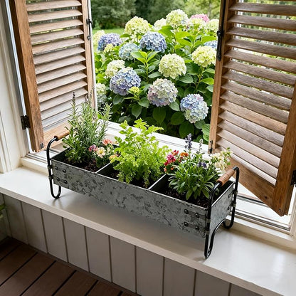 Rustic Galvanized Metal 3-Compartment Planter with Wood Handles, Vintage Style Succulent Herb Flower Pot for Indoor Outdoor Garden, Kitchen, Windowsill Decor