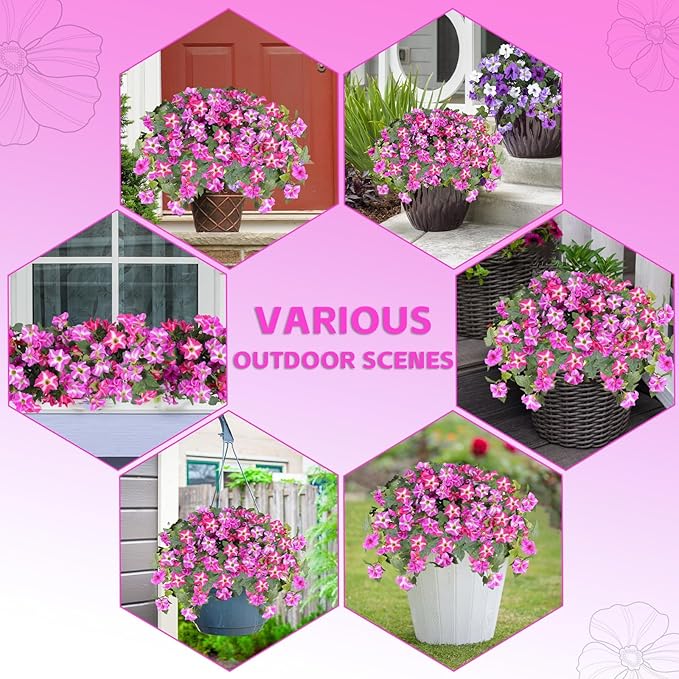 Artificial Fake Flowers for Outdoor Decoration,4 Pcs Faux Petunias Flowers UV Resistant Silk for Porch Yard Garden Home Indoor Decor(Purple Red)