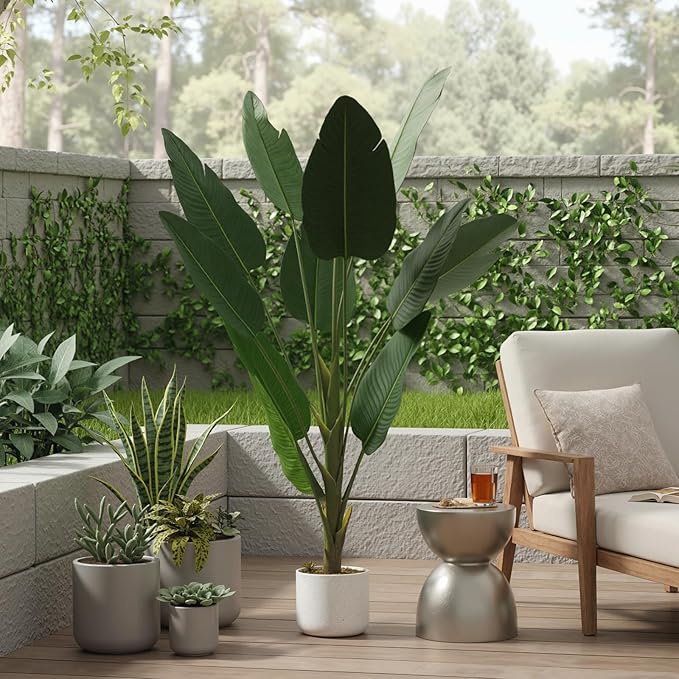 Tall Artificial Bird of Paradise Banana Leaf Plant with White Pot, Realistic Faux Palm Tree with 12 Leaves, Decorative Indoor Greenery for Living Room, Bedroom, or Office, 120cm