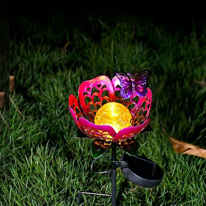 Solar Lights Outdoor Garden Decor,LED Lotus Flower Lamp, Metal Tulip & Butterfly Decoration Solar Lawn Lamp for Courtyard, Garden Gifts for Women (Purple)