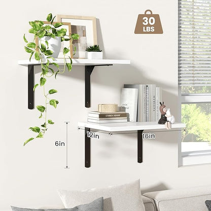 Fun Memories Floating Shelves for Wall, 12 Inch Deep Floating Shelves Set of 2, Wall Mounted Shelf with Metal Brackets, Rustic Wood Wide Shelf for Bathroom, Kitchen and Living Room, White, 16W x 12D