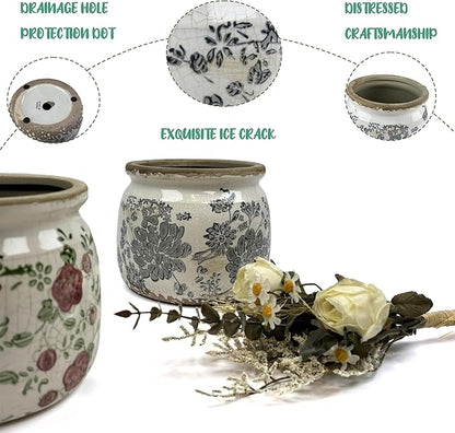 Vintage Grey Ceramic Ice Crack Flower Pot with Drainage Holes, Country Rustic Planters for Indoor and Outdoor,Tuscan Decor,Home,Living Room, Garden Decor, Gardening Gift