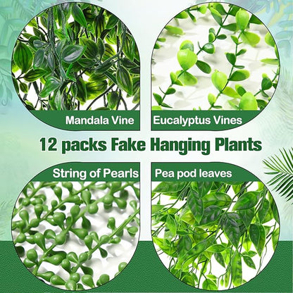 12 Pcs Artificial Hanging Plants Fake Hanging Ferns Plastic Faux Plants for Wall Room Garden Garland Indoor Outdoor Decor No Basket (Eucalyptus,Mandala,String of Pearls,Pea)