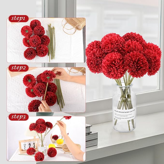 12 Pcs Artificial Chrysanthemums Flowers Patriotic Flowers 4th of July Fake Mums Flowers Silk Red White Blue Flower for Home Decor Indoor Memorial Day Table Centerpiece (12, Red White Blue)