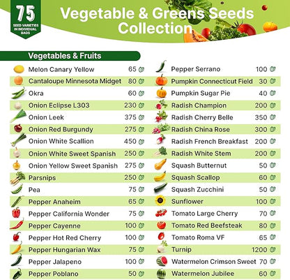 75 Vegetable & Greens Seeds Variety Pack, Garden Seed Starter Kit - Over 44,700 Non-GMO Heirloom Seeds for Planting Vegetables and Greens, Seed Box with Gardening Supplies, Survival Kit