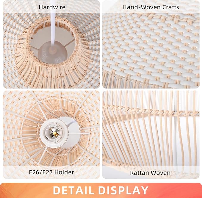 Arturesthome White Handwoven Rattan Boho Pendant Lighting Fixtures, Wicker Hanging Ceiling Light Chandelier, Handmade Woven Basket Lampshade for Kitchen Island