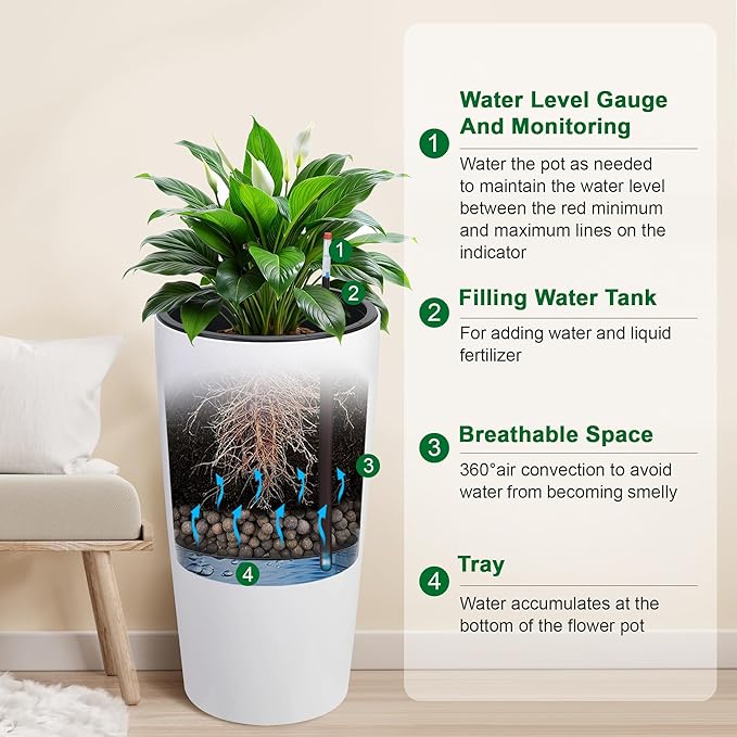 GarveeLife 30 in Tall Planters for Outdoor Plants Set of 2, Large Outdoor Planters for Front Porch Decor with Drainage Holes＆Water Level Monitor ＆Inner Bucket, Automatic Watering, White