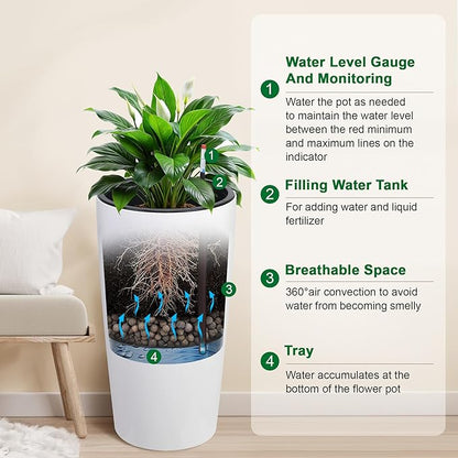 GarveeLife 30 in Tall Planters for Outdoor Plants Set of 2, Large Outdoor Planters for Front Porch Decor with Drainage Holes＆Water Level Monitor ＆Inner Bucket, Automatic Watering, White