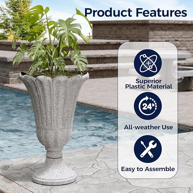 FONTOI 23" Tall Plastic Urn Planter (2-Pack) – Planters for Outdoor Plants with Drainage Holes & Petal Design, Heavy-Duty Classic Indoor Large Flower Pots for Home Garden, Front Porch & Decor, Grey