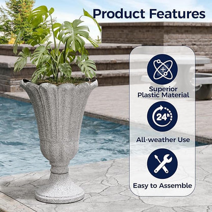 FONTOI 23" Tall Plastic Urn Planter (2-Pack) – Planters for Outdoor Plants with Drainage Holes & Petal Design, Heavy-Duty Classic Indoor Large Flower Pots for Home Garden, Front Porch & Decor, Grey
