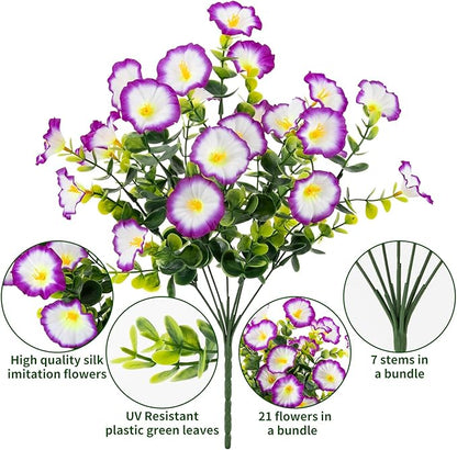 Lnoicy Artificial Flowers for Outdoor 12 Bundles Eucalyptus Fake Flowers for Planter,UV Resistant Fake Morning Glory for Home/Porch/Garden Decoration（Purple/White）