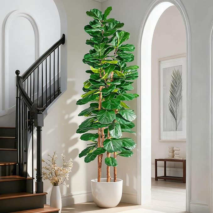 Artificial Fiddle Leaf Fig Tree 7FT, Faux Fig Tree Indoor with Natural Wood Trunk & Realistic Leaves with Moss Pot Fake Ficus Tree Large Faux Floor Plant for Living Room Home Decor, House Plant