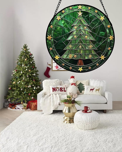 Stained Glass Window Hanging - Green Christmas Tree with Golden Stars Suncatcher for Doors Home Christmas Decoration Sun Catcher Thanksgiving New Year Birthday Gifts for Women Men Mom Nana 9.8 in