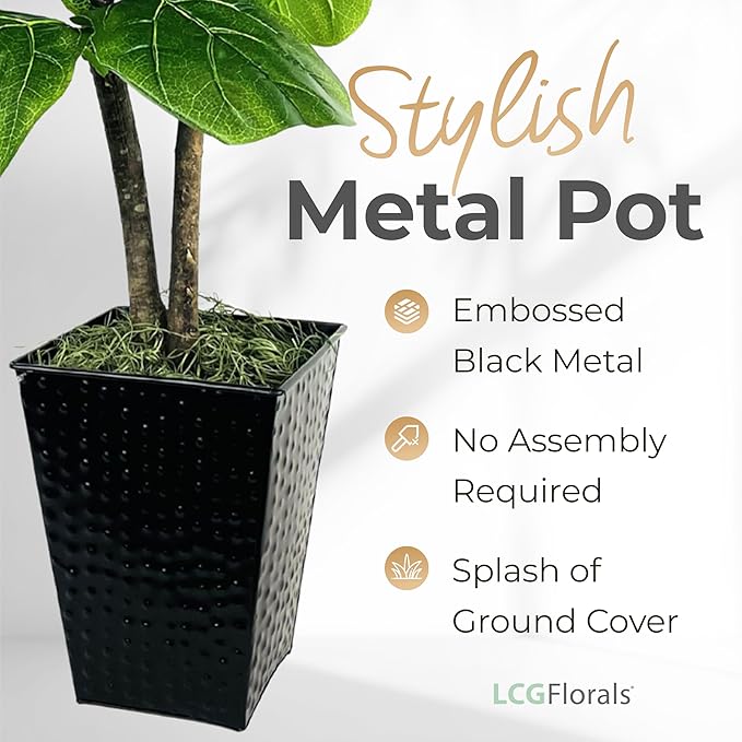 3.2ft Artificial Fiddle Leaf Fig Tree - Real Wood Trunk, Preassembled, No Maintenance Indoor Faux Plant in Black Metal Pot - Living Room, Home & Office Decor