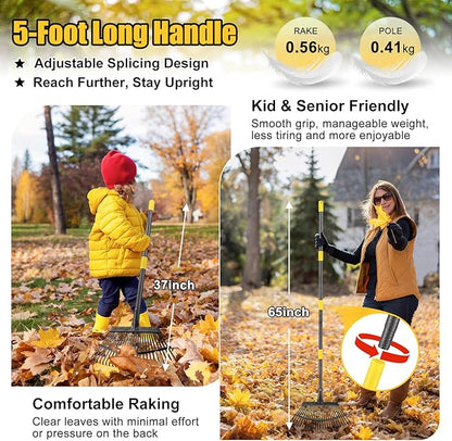 Garden Rake for Leaves: 18” Wide Metal Leaf Rake, 65” Long Adjustable Handle, Heavy Duty 25 Teeth, Fast Kids Women Large Lawn Yard Garden Leaf Cleanup Gardening Rakes: Grass,Debris,Pine Needles Pick