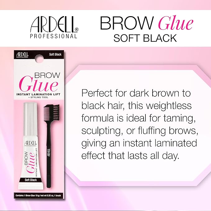 Ardell Brow Glue Soft Black with Styling Brush – Instant Lamination Brow Gel for Fluffy, Defined Brows, All-Day Extreme Hold Eyebrow Gel Waterproof, 0.35 oz