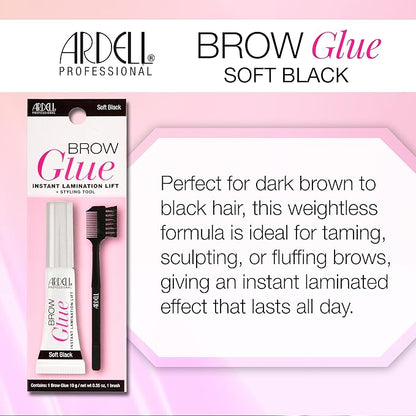 Ardell Brow Glue Soft Black with Styling Brush – Instant Lamination Brow Gel for Fluffy, Defined Brows, All-Day Extreme Hold Eyebrow Gel Waterproof, 0.35 oz