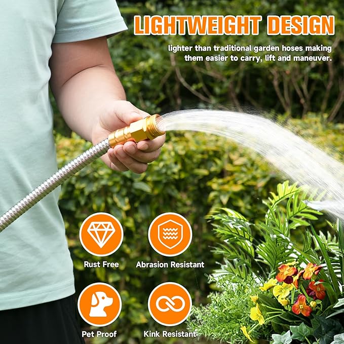 Garden Hose 5 FT, 304 Stainless Steel Metal Water Hose, Heavy Duty Flexible Leader Hose, Short Water Hose Kink Free Hose for Rv, Outdoor, Yard, No Bite, Leak proof and Durable