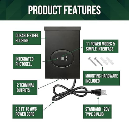 GKOLED ETL Listed 300W Low Voltage Transformer for Landscape Lighting with Timer and Photocell Sensor, 120V AC to 12V/14V AC Power Pack, Fully Encapsulated Toroid Core, CEC VI Certified