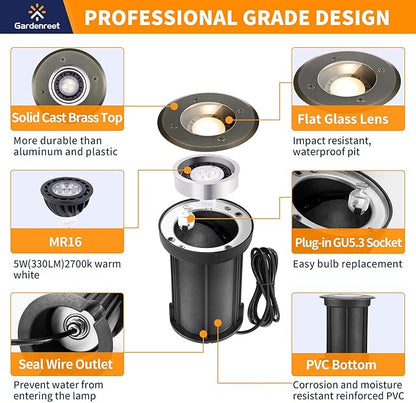 Gardenreet Landscape Well Lights Outdoor - Brass Low Voltage Weatherproof In Ground Lighting, LED 12V Directional Fixture, Antique Bronze for Pathway Floor Wall with 2700K Warm White MR16 Bulb