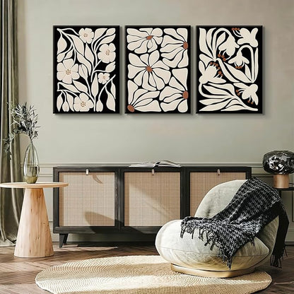 QGNBGBJ Framed Black Boho Flowers Plant Wall Art Abstract Botanical Flower Canvas Poster Vintage Bohemian Neutral Floral Prints Wall Decor Trendy Black Beige Floral Set for Girl Bedroom(16x24in)