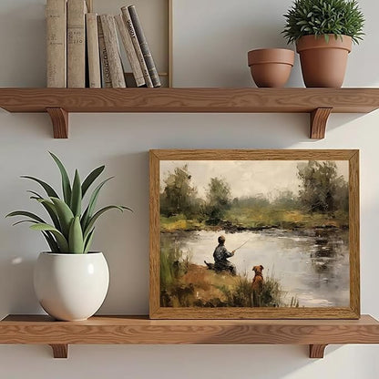 Wojuin Framed Vintage Boy Fishing Canvas Wall Art, Child with Pole and Puppy Artwork Wall Decor, Country Farmhouse Boyhood Dog Paintings Prints for Nursery Living Room Bedroom Bathroom 8x10 in
