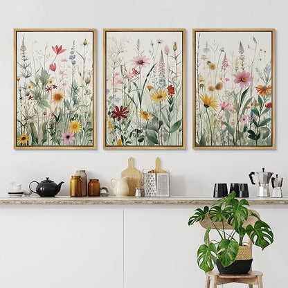 Ashbrook Framed Canvas Print Wall Art Set Garden Forest Wildflowers Nature Wilderness Illustrations Modern Art Decorative Floral Botanical Minimal Calm/Relax/Cozy for Bedroom - 16"x24"x3 NATURAL