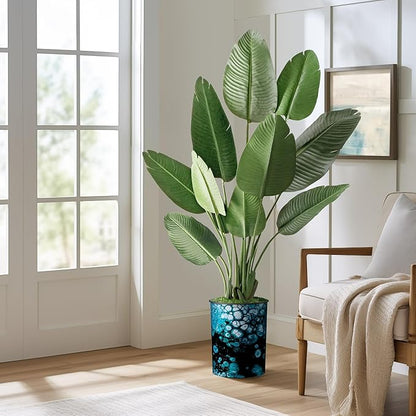Artificial Tree in Blue & Black Bubble Modern Planter, Fake Bird of Paradise Silk Trees for Indoor and Outdoor Home Decoration - 58" Overall Tall (Plant Pot Plus Tree)