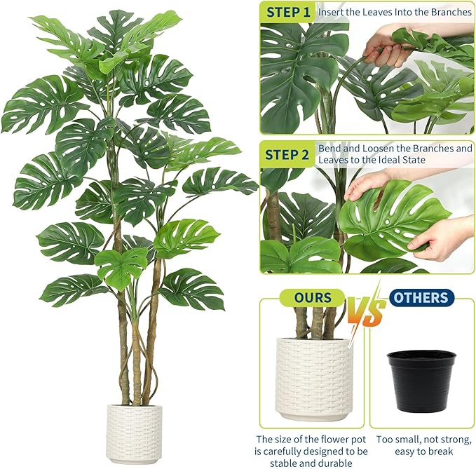 6FT Artificial Monstera Plant - Realistic Fake Tropical Palm Tree for Home Decor - Large Faux Monstera Deliciosa with Bendable Stems & Ceramic Pot - Indoor Outdoor UV Resistant