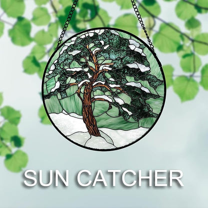 Stained Glass Window Hanging 4 Pcs Set Forest Green Trees Winter Snow 6.3" - Suncatcher Door Garden Sun Catcher Home Decor Birthday Mother's Day for Woman Nana Mom Men