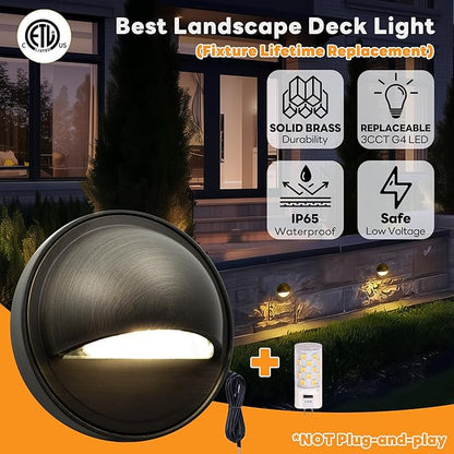 Gardenreet Solid Brass Deck Lights - Low Voltage LED Step Lights Outdoor, 12V Landscape Hardwired Waterproof Bronze for Stair Fence Wall with Adjustable 3 Color Temp(2700K/3000K/4000K) G4 Bulb 4 Pack