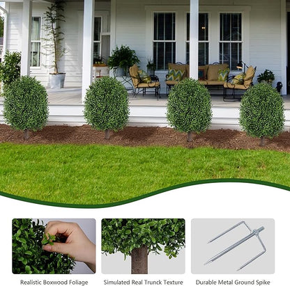 INSPRING 27'' Artificial Boxwood Topiary Trees Outdoor Fake Bushes Plants UV Resistant Evergreen Shrubs with Metal Ground Spike for Porch Patio Garden, 1 Pack