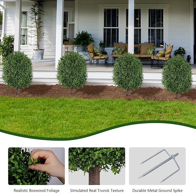 INSPRING 27'' Artificial Boxwood Topiary Trees Outdoor Fake Bushes Plants UV Resistant Evergreen Shrubs with Metal Ground Spike for Porch Patio Garden, 2 Pack