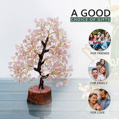 NARIBABU Rose Quartz Crystal Tree – 10-12 Inch Gemstone Tree with Golden Wire & Wooden Base – Healing Crystals Decor, Gifts for Her, Birthday Gift for Women, Spiritual Energy